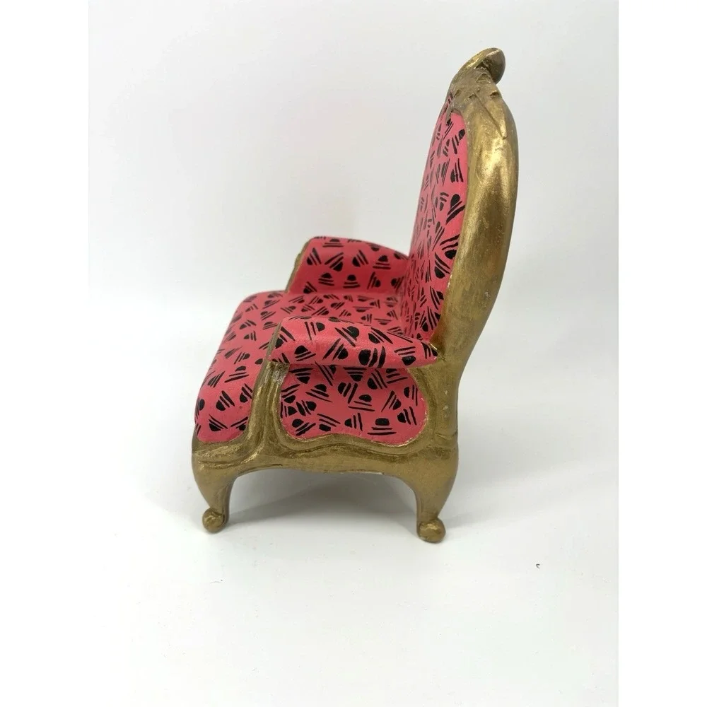 Vintage Miniature Dollhouse Armchair Ornate Gold Trim Pink Print Accent Chair
